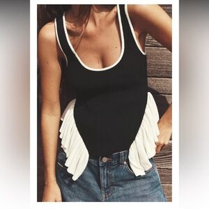 ZARA black and white contrast tank with side ruffles